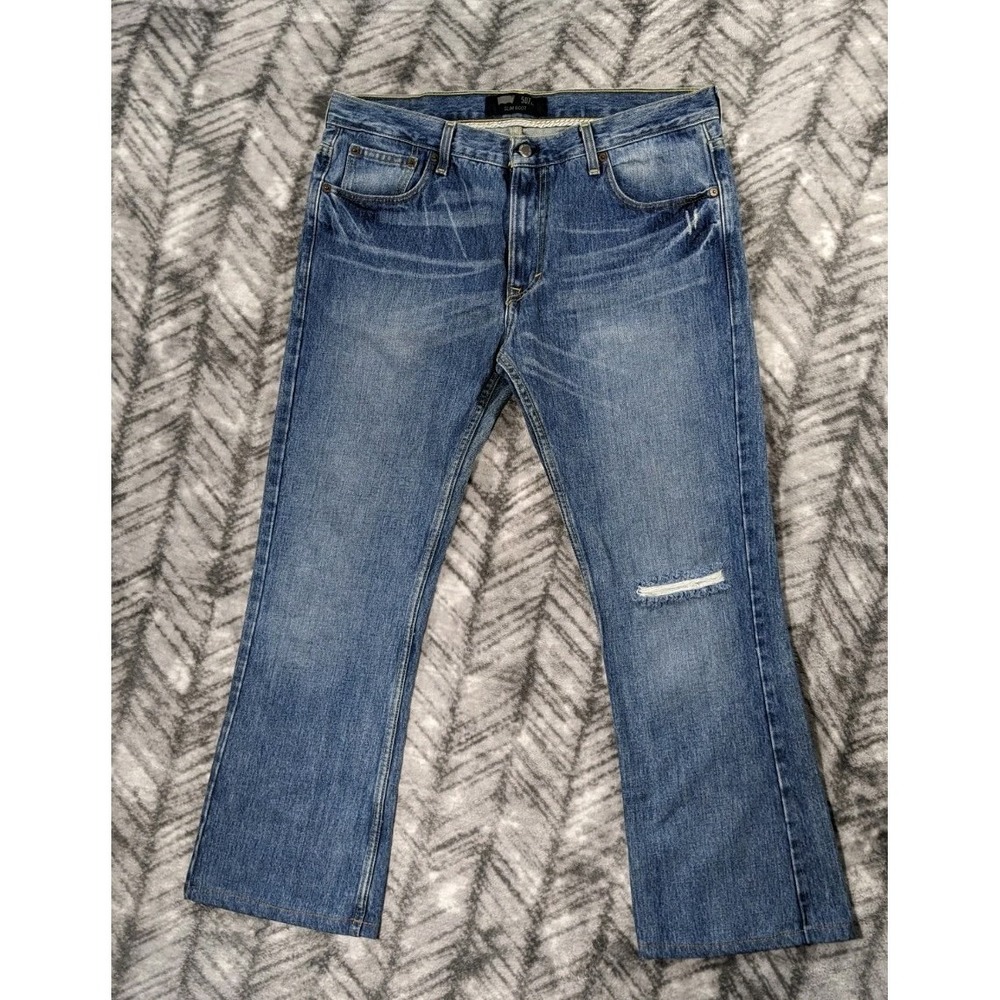 Levis 507 Jeans 36 x 30 Blue Denim Slim Boot Cut Whiskered Stone Wash Distressed